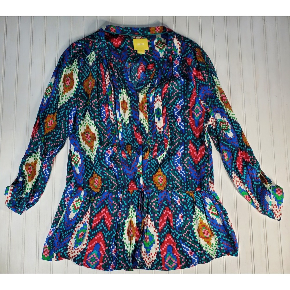Maeve Anthropologie Topoxte Ikat Button‎ Down Pleated Shirt size 8 Multicolor